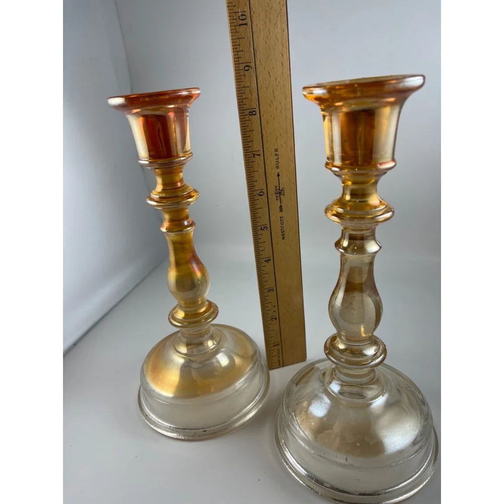 Vintage Pair of Imperial Glass Carnival Candle Holders Marigold Clear Base 8.5”